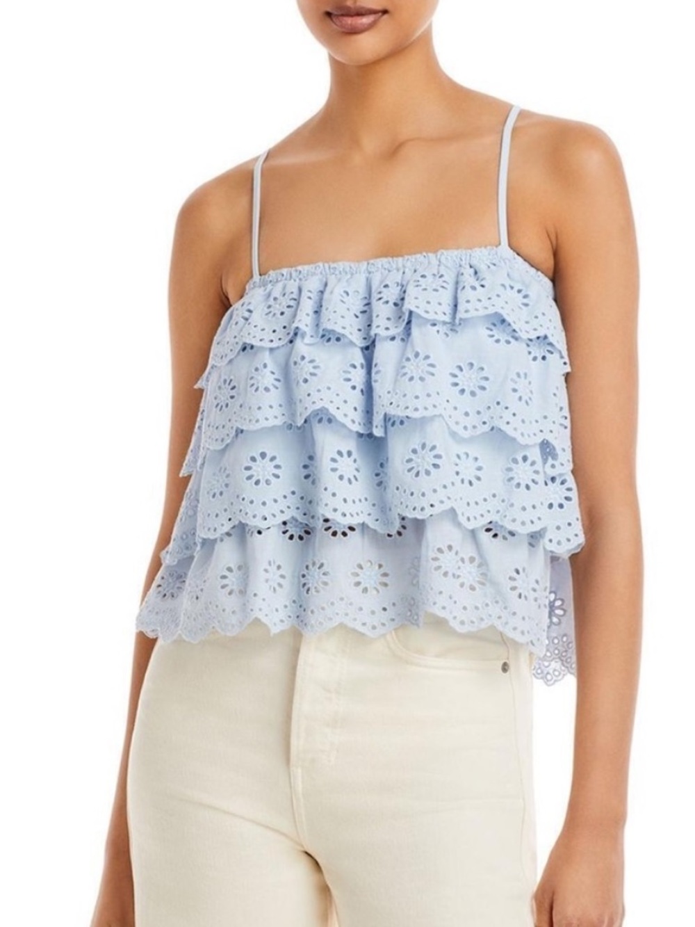 Aqua Womens Eyelet Tiered Spaghetti-Strap Tank Top Blouse